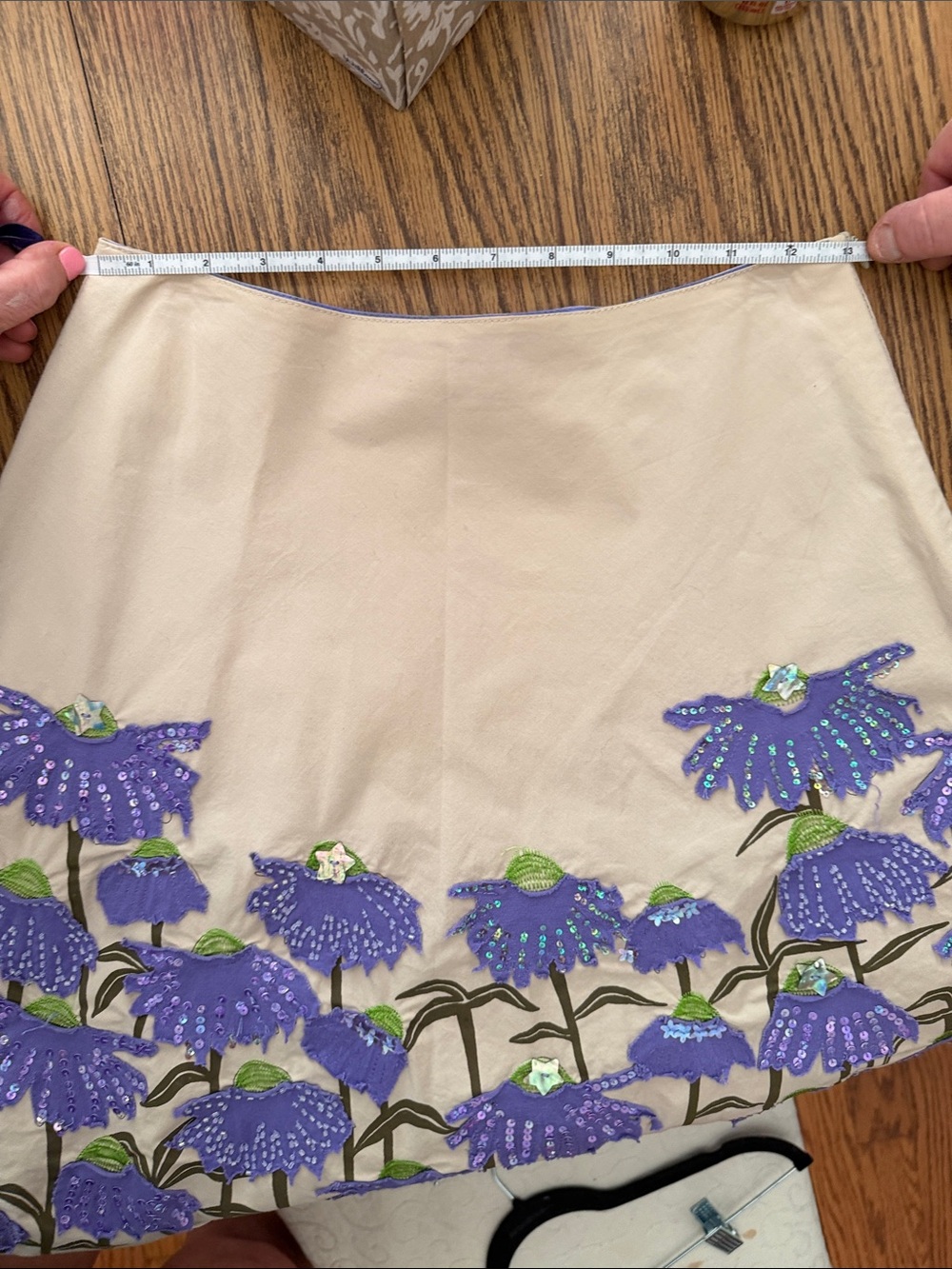 Basil + Maude Beige A-Line Skirt with Purple Floral Appliqué - Picture 13 of 14